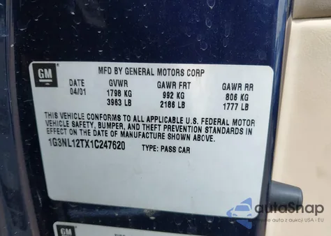 2001 Oldsmobile Alero Gl4 z USA, uszkodzony, nr VIN 1G3NL12TX1C247620